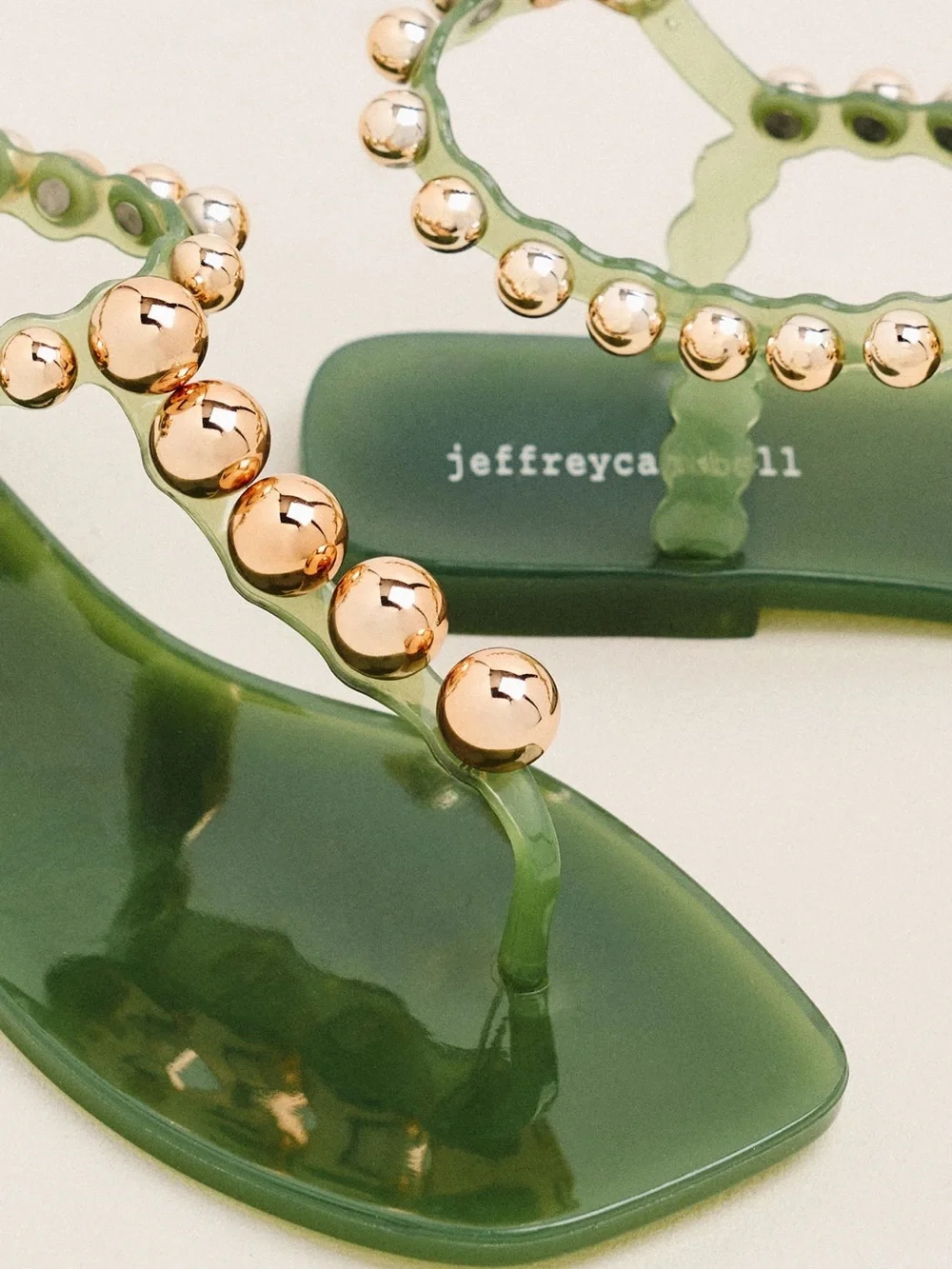 Jeffrey Campbell Green Jelly T-Strap Sandals with Gold Bead Accents